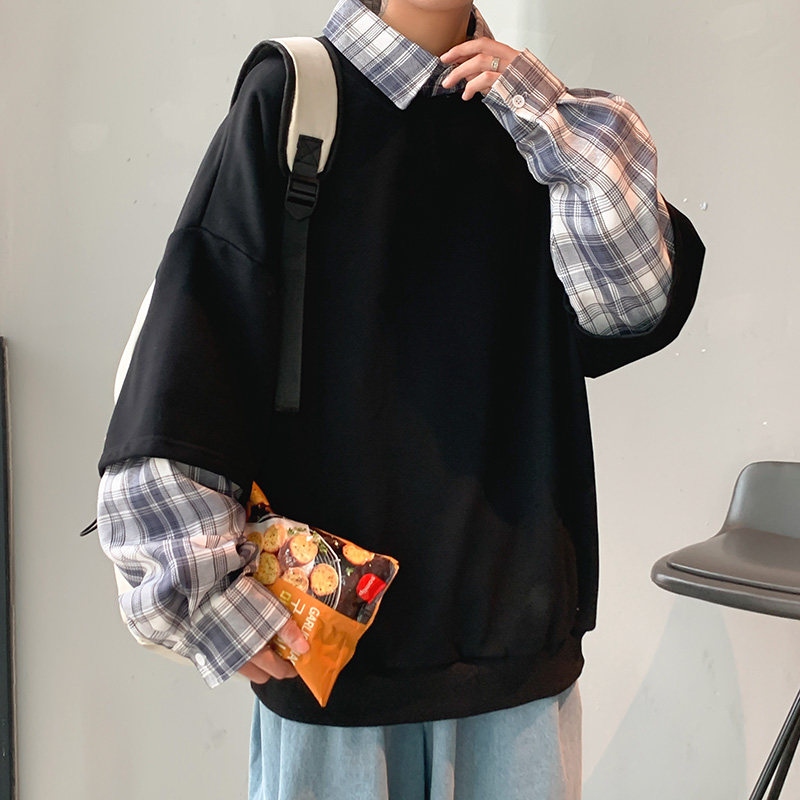 港风秋款男假两件衬衫休闲卫衣套头格子拼色打底外套wy751P45,男装卫衣,星座1013-1