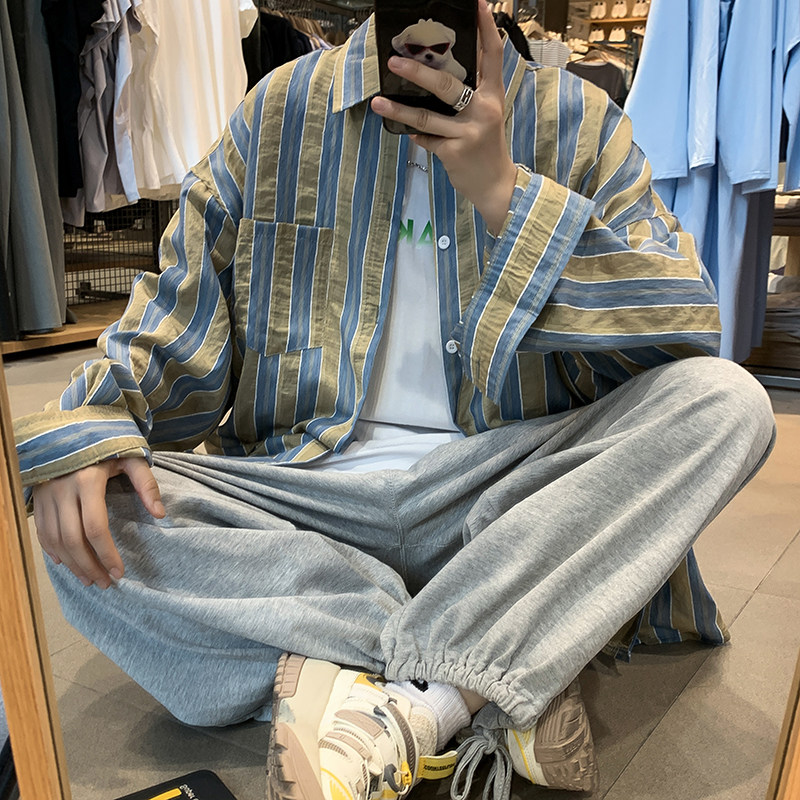 港风秋款男长袖衬衫条纹拼接衬衣休闲外套CS91P45,男装衬衫,星座1013-1