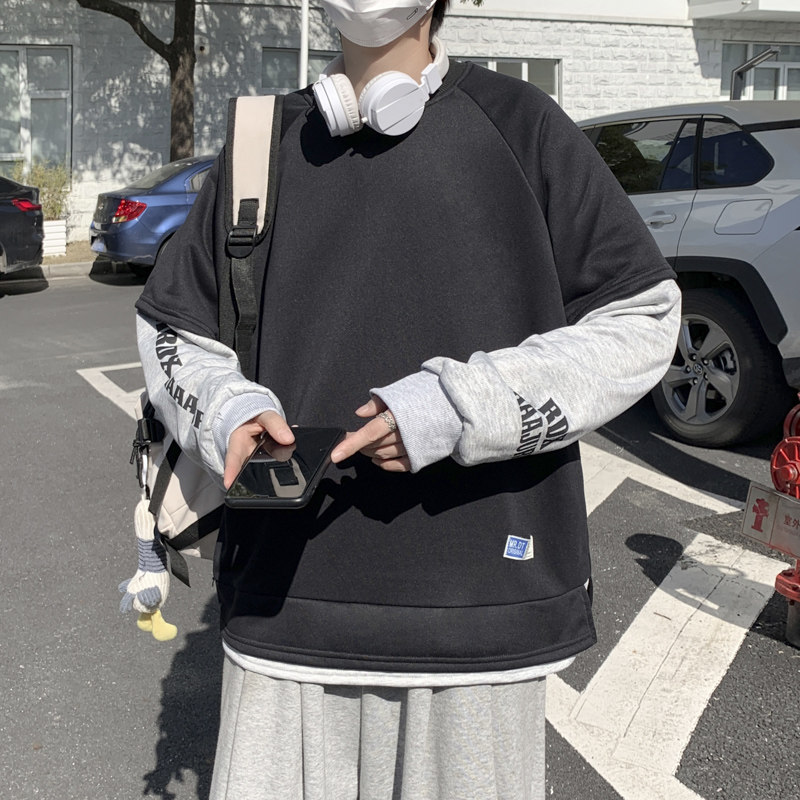 2022港风春款男卫衣假两件字母印花休闲拼接外套wy5082,男装卫衣,星座1013-1