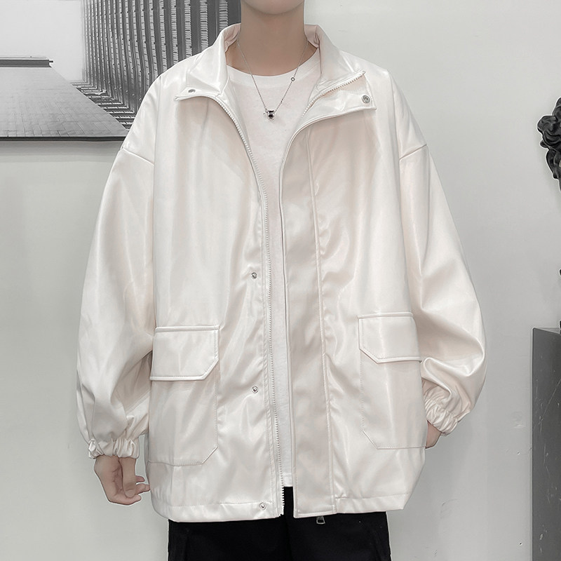 港风秋冬款男皮衣工装大口袋立领韩版休闲皮夹克纯色外套J,男装皮衣,星座1013-1