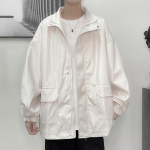 港风秋冬款男皮衣工装大口袋立领韩版休闲皮夹克纯色外套J