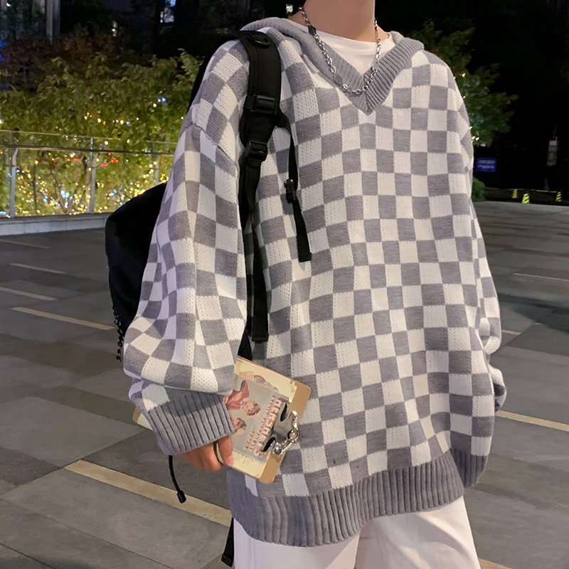港风秋冬款男毛衣V领连帽棋盘格拼接加厚打底线衣外套M228,男装针织衫/毛衣,星座1013-1