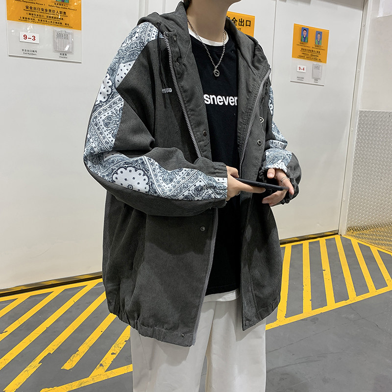 秋冬男夹克腰果印花拼接连帽宽松j加厚青少年夹克衫外套J,男装夹克,星座1013-1