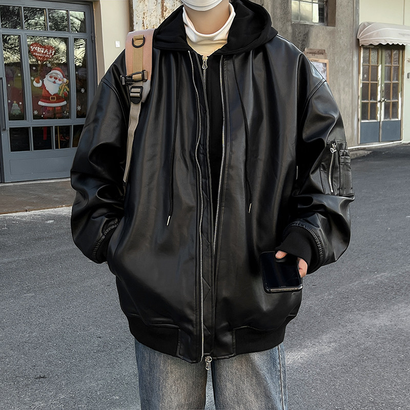 高品质春款男皮夹克假两件连帽拉链皮衣外套JK9221P80,男装皮衣,星座1013-1