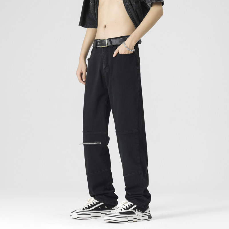 港风夏款男牛仔裤膝盖破洞拉链直筒拼接休闲长裤nk878P45,男装牛仔裤,星座1013-1