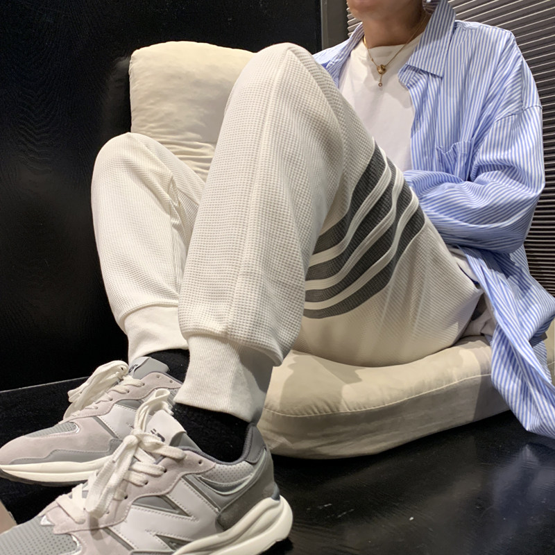 2022港风春款男束脚裤华夫格三条杠条纹印花休闲九分裤h656,男装休闲裤,星座1013-1