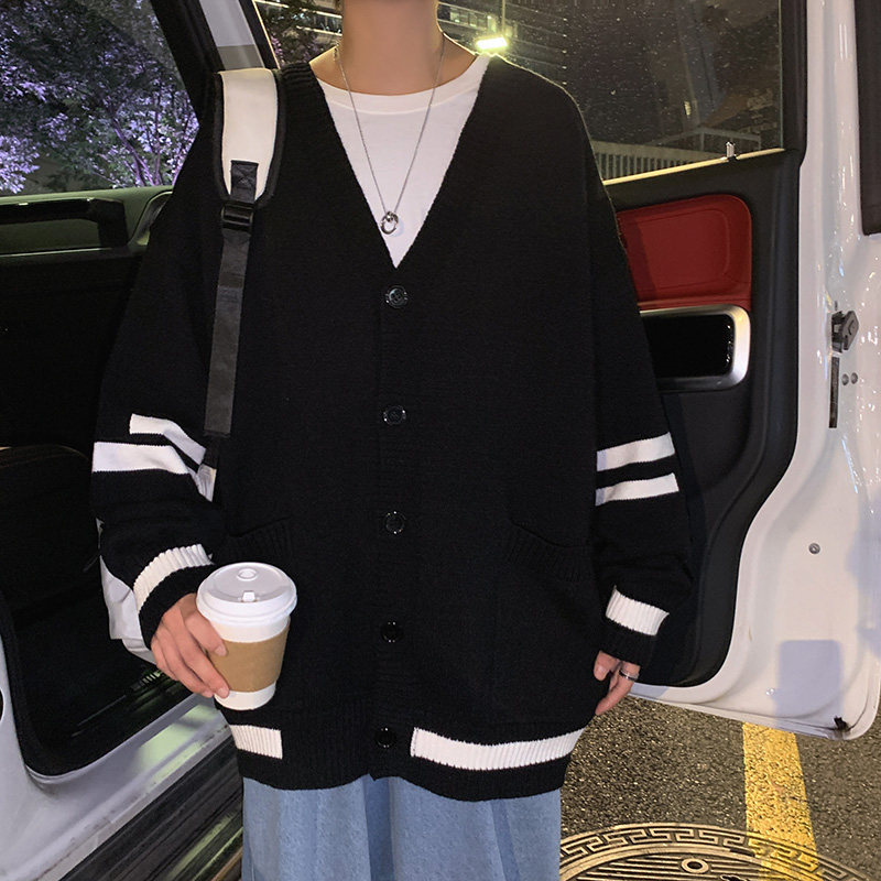 港风秋款男针织开衫V领毛衣条纹单排扣宽松外套M9013P50,男装针织衫/毛衣,星座1013-1