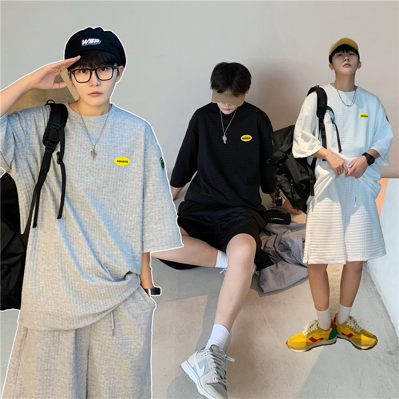 港风套装男华夫格短T恤情侣贴标休闲短裤两件套TZ7802P40,男装休闲套装,星座1013-1