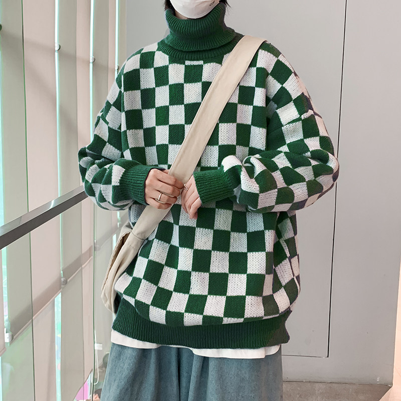 冬款男毛衣高领棋盘格拼接加厚毛线衣外套M014,男装针织衫/毛衣,星座1013-1
