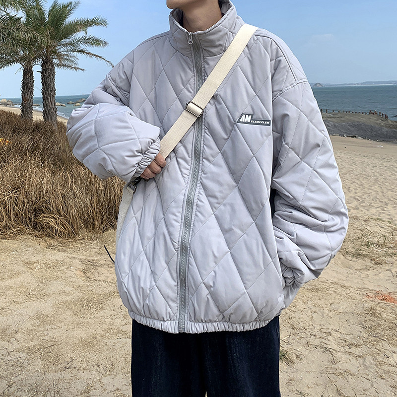 港风冬款男棉衣立领菱形格胶印贴标加厚面包服棉袄外套Y798P75,男装棉衣,星座1013-1