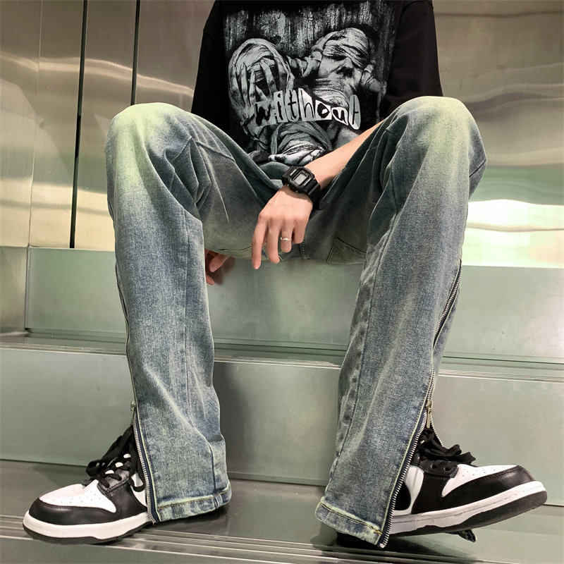 港风夏款男牛仔裤渐变色侧边拉链直筒宽松长裤nk8108P45,男装牛仔裤,星座1013-1
