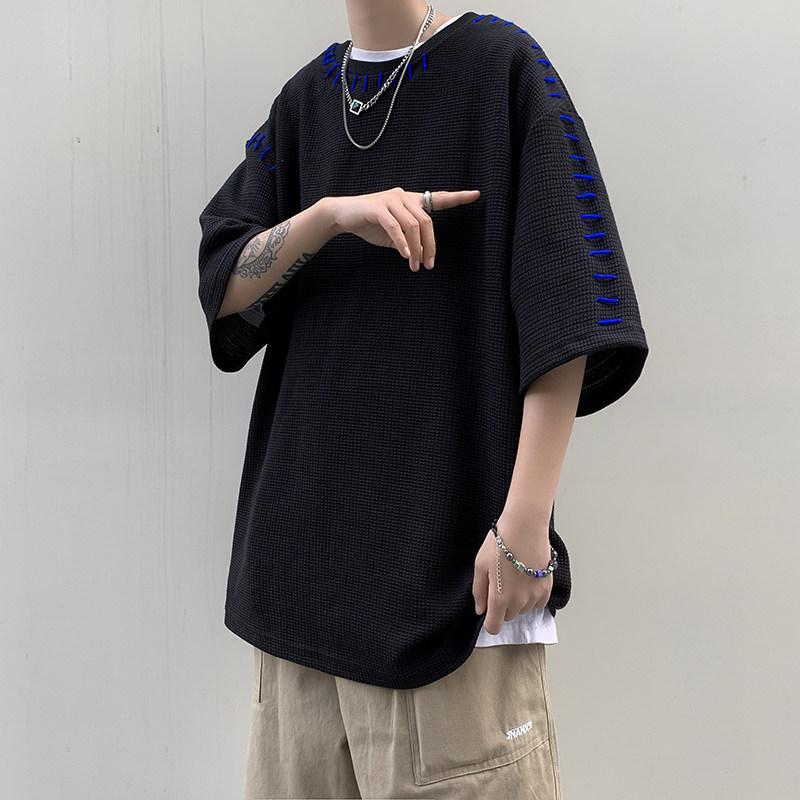 高品质夏款男短袖T恤华夫格明线五分袖T恤衫T003P30,男装T恤,星座1013-1