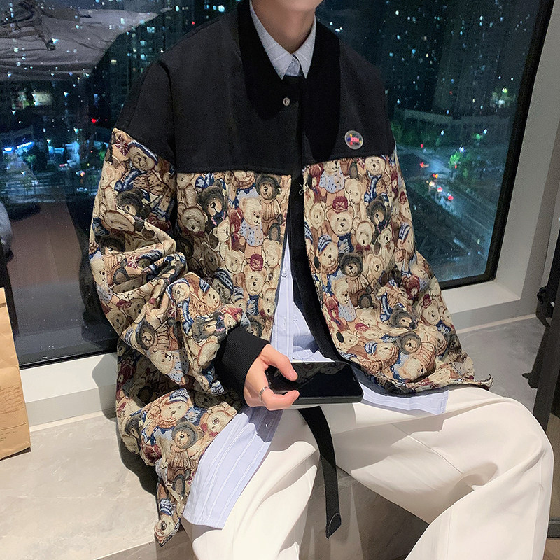 港风秋款男夹克衫棒球立领小熊印花拼接潮男休闲外套JK79P55,男装夹克,星座1013-1