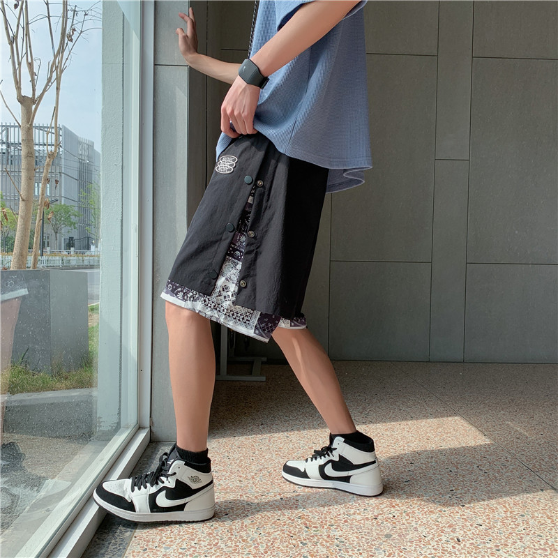 夏款男短裤工装贴标腰果印花排扣假两件五分短裤D611P38,男装休闲裤,星座1013-1