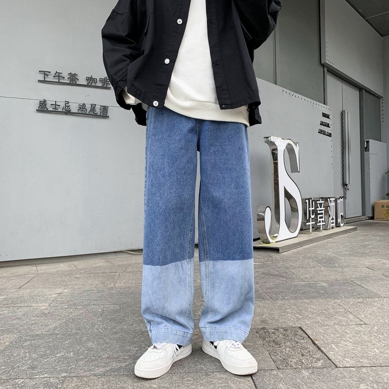 港风秋冬男牛仔裤渐变拼色宽松直筒潮休闲裤nk817 P45图片