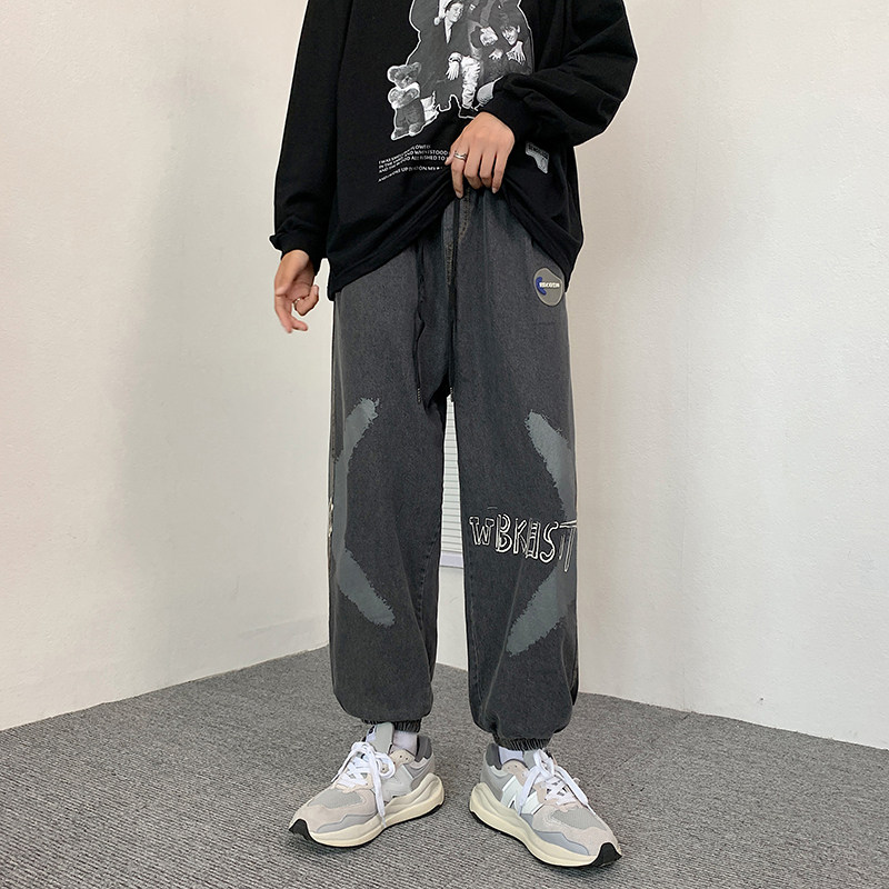 2021港风男牛仔裤字母印花十字架束脚裤九分裤nk8027P50,男装牛仔裤,星座1013-1
