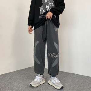 2021港风男牛仔裤字母印花十字架束脚裤九分裤nk8027 P50图片