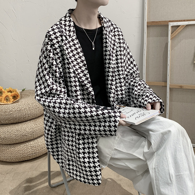 2022港风春款男西装千鸟格一粒扣休闲外套韩版宽松西服J,男装西服,星座1013-1
