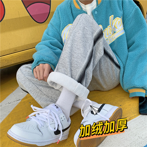 加绒加厚冬款男裤条纹拼接直筒百搭休闲长裤h379加绒图片