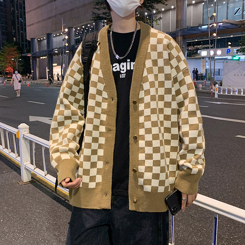 秋冬男针织开衫条纹V领毛衣棋盘格拼接条纹单排扣打底外套M54,男装针织衫/毛衣,星座1013-1