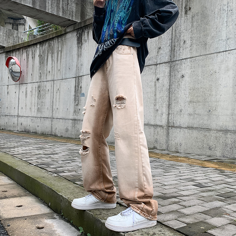 港风夏款男牛仔裤棕色复古做旧直筒宽松休闲长裤nk1012P50,男装牛仔裤,星座1013-1