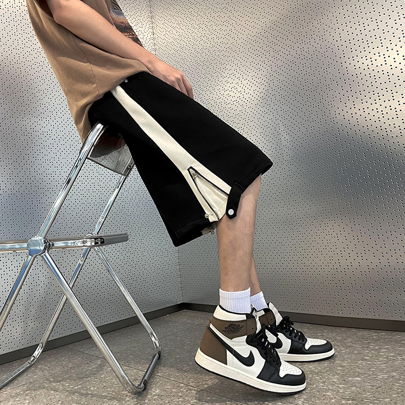 港风夏款男短裤条纹拼接侧边开叉拉链织带五分马裤D3088P35,男装休闲裤,星座1013-1