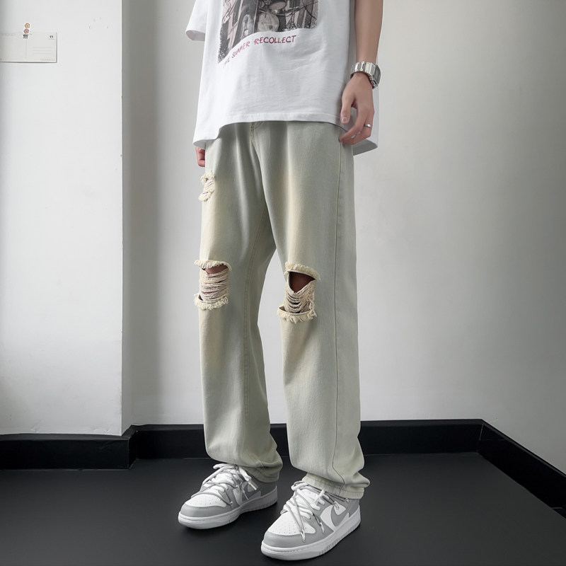 港风夏款男牛仔裤膝盖破洞黄泥色直筒宽松休闲裤nk3001P45,男装牛仔裤,星座1013-1