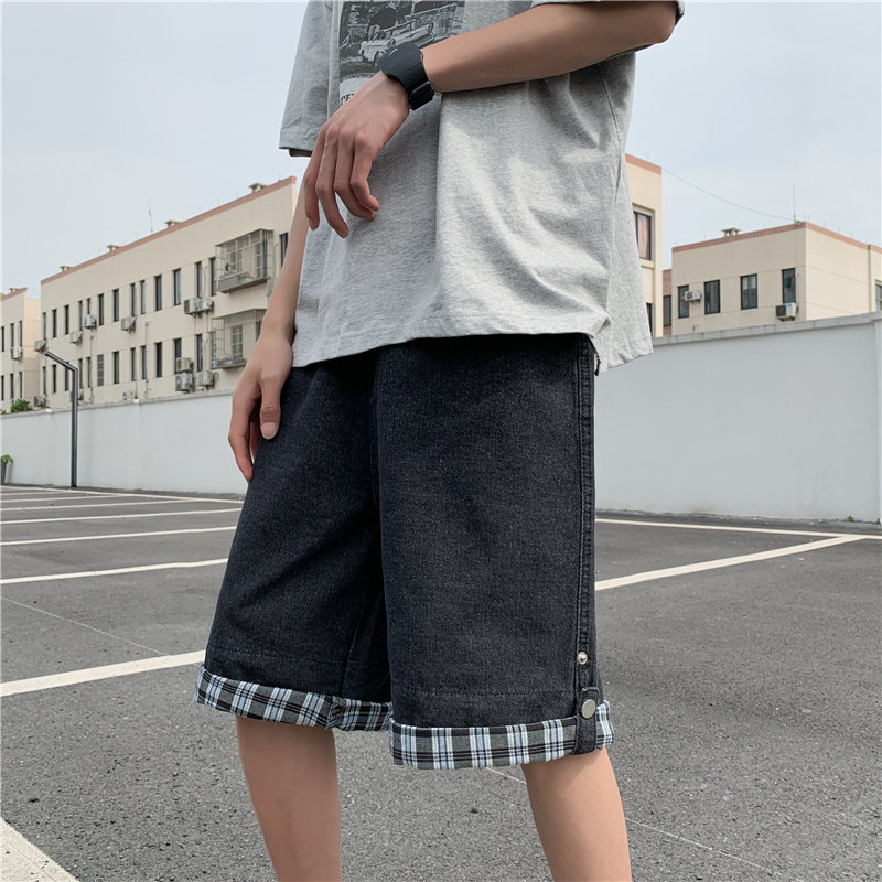 2021港风夏款男牛仔短裤格子拼接潮休闲五分裤马裤D527P40,男装牛仔裤,星座1013-1