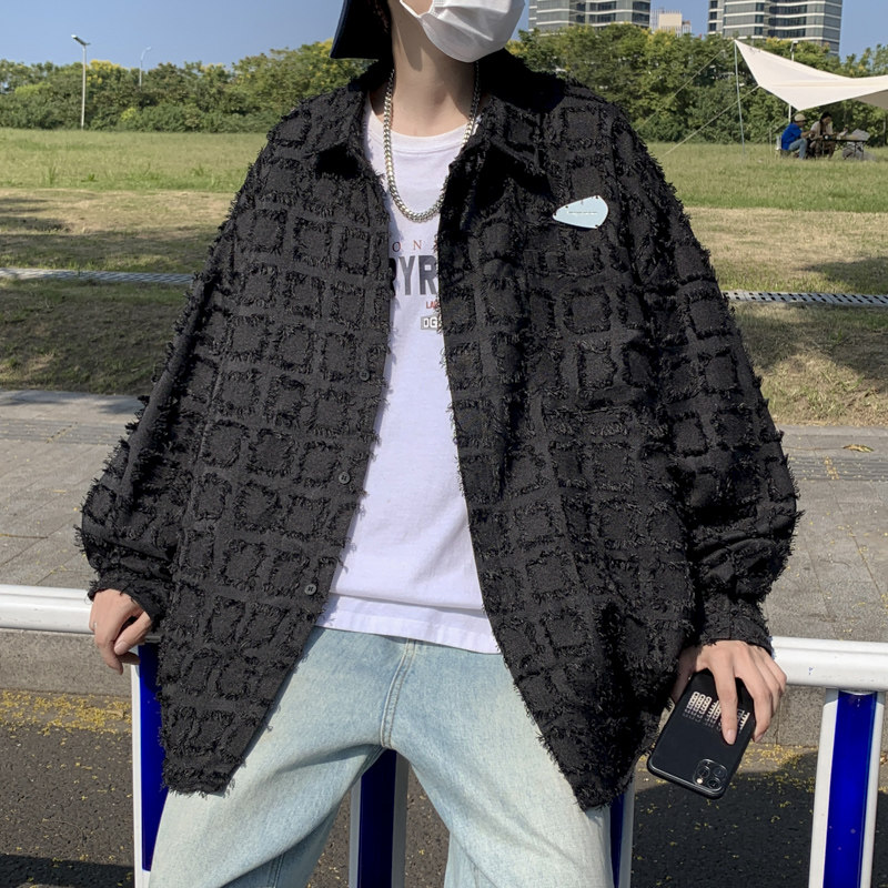 秋冬款男长袖衬衫流苏方格条纹拼接衬衣休闲外套CS019,男装衬衫,星座1013-1
