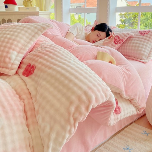 兔毛绒泡泡牛奶绒被套单件冬季加绒被罩珊瑚绒被单150x200四件套