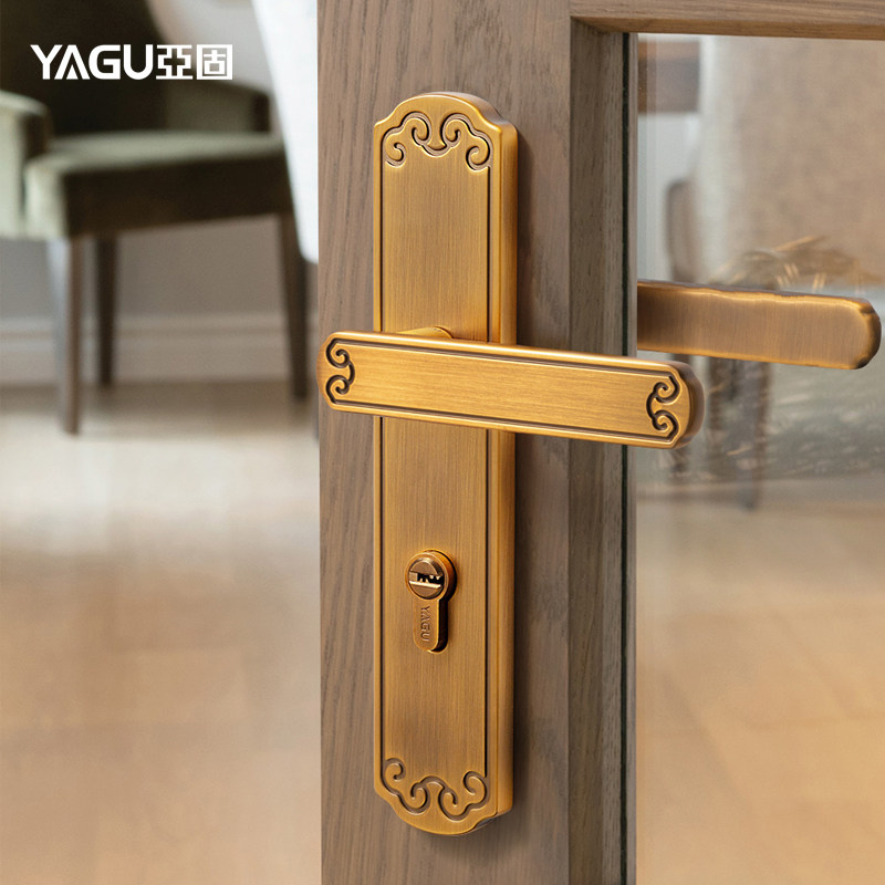 亚固新中式静音门锁室内卧室黄古铜磁吸房门锁复古红木实木门锁