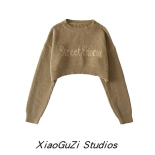 小谷姿美式高腰露脐短款字母绣花圆领套头毛衣女甜美气质宽松针织