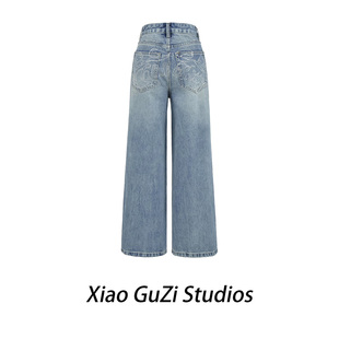 春秋款 阔腿休闲裤 高腰宽松直筒显瘦遮胯浅色美式 后猫咪钻石牛仔裤