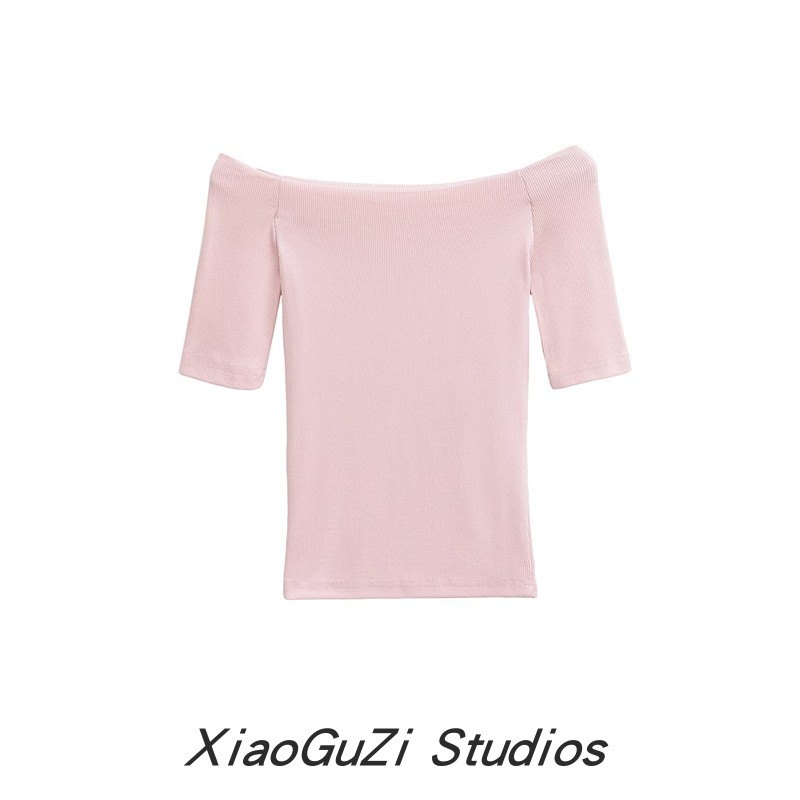 法式锁骨一字领冰丝针织衫短袖女