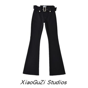 小谷姿复古宽腰带水洗微喇牛仔裤低腰露腰气质欧美风街头拖地裤女