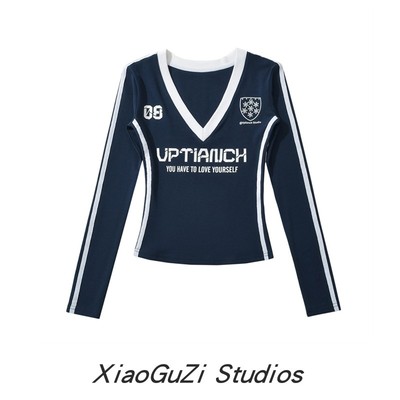 印花常规V领棉女辣妹长袖T恤