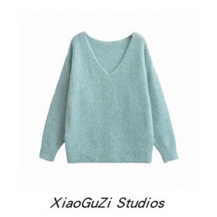 小谷姿V领羊毛针织衫宽松长袖慵懒风时尚纯色柔软亲肤显瘦毛衣女