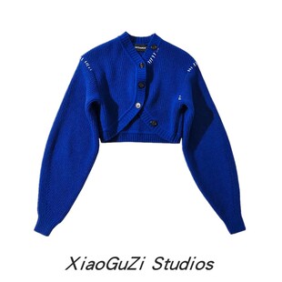 潮牌撞色线装饰长袖披肩外套春款高腰露脐外搭休闲针织开衫上衣女