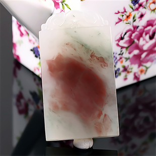 收藏级 桂林鸡血玉无事牌吊坠冰种三彩贵妃料正品天然玉石挂件