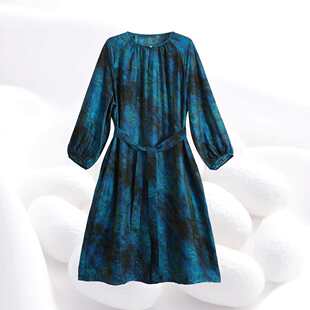 【奢品高定蓝眼泪连衣裙】浮光锦气质显瘦腰带圆领9分袖dz323