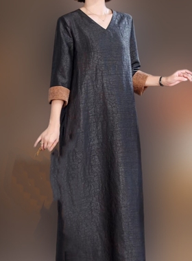 【爆浆原龟V领袍子裙】桑蚕丝香云纱老料龟裂纹长连衣裙ds3066清