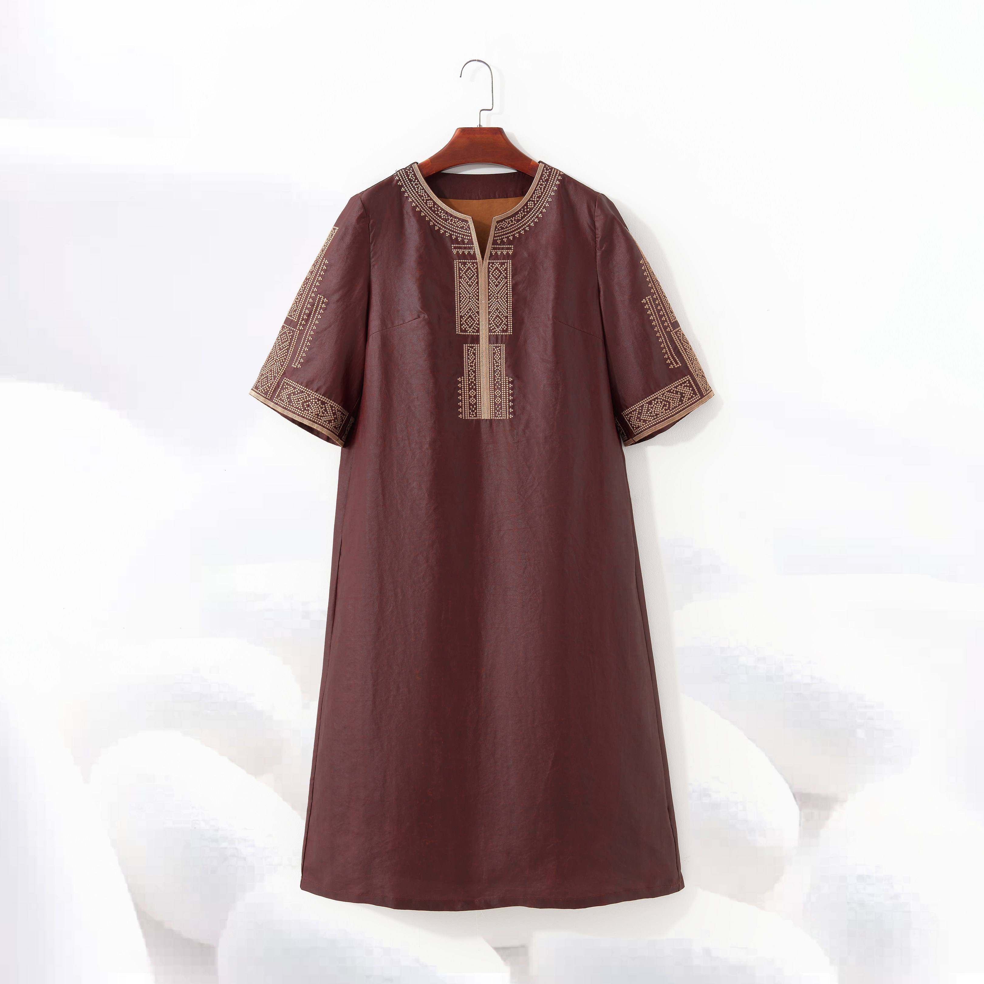 【100%桑蚕丝香云纱打籽绣龟纹连衣裙】民族风打籽绣红云纱dz315