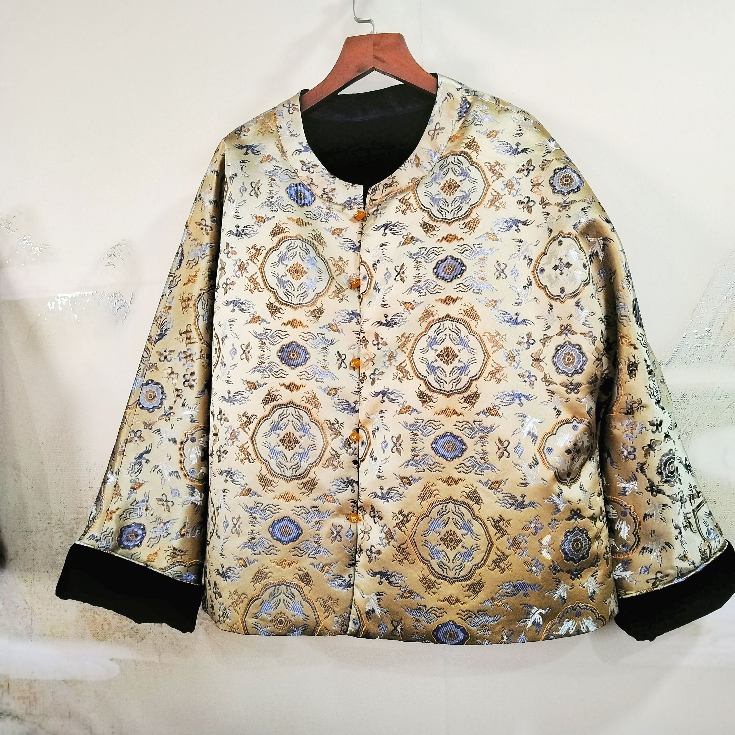 【鹤鹿同春+100桑蚕丝丝绒棉衣】两穿宋锦提花上衣丝绒外套dz139