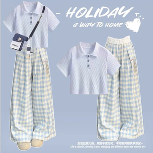 少女童夏装短袖阔腿裤套装中大童夏季Polo上衣短款T恤长裤两件套