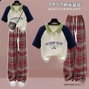 学院风Polo领T恤女童短袖夏装宽松初中学生大童格子裤两件套韩版