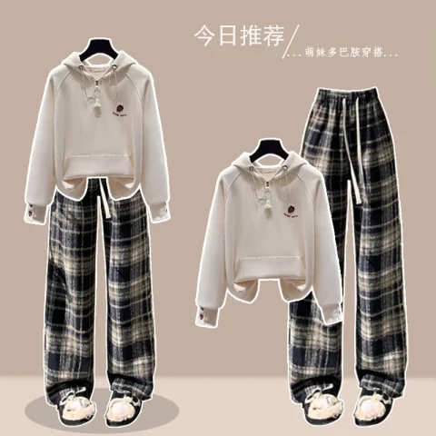 青少年中大童连帽卫衣格子裤套装