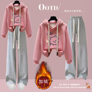休闲运动套装女大童初中生秋冬加绒加厚连帽卫衣外套阔腿裤两件套