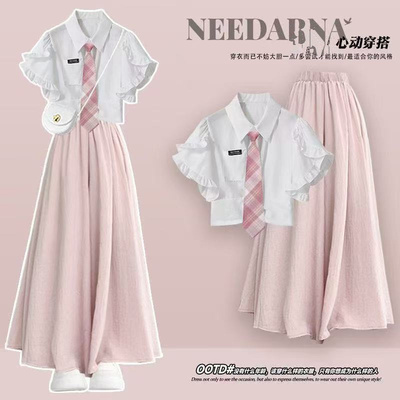 女中大童多巴胺短袖衬衫裙裤套装