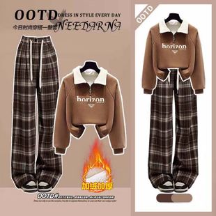 12一15岁大童套装13女孩秋冬学生Polo翻领卫衣美拉德加绒裤两件套