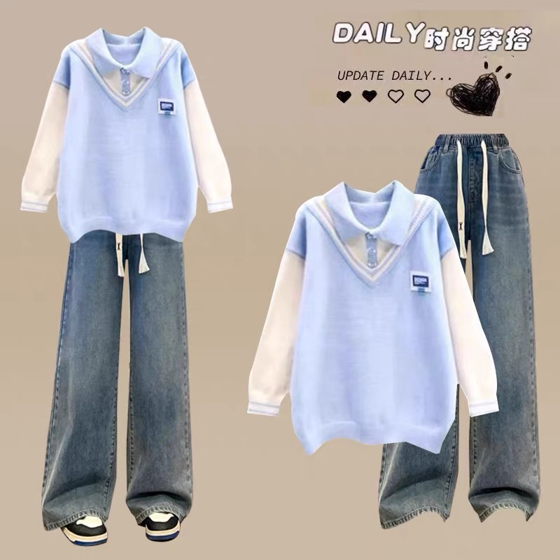 初中生洋气少女套装秋季学生一整套衣服大童毛衣针织衫休闲两件套
